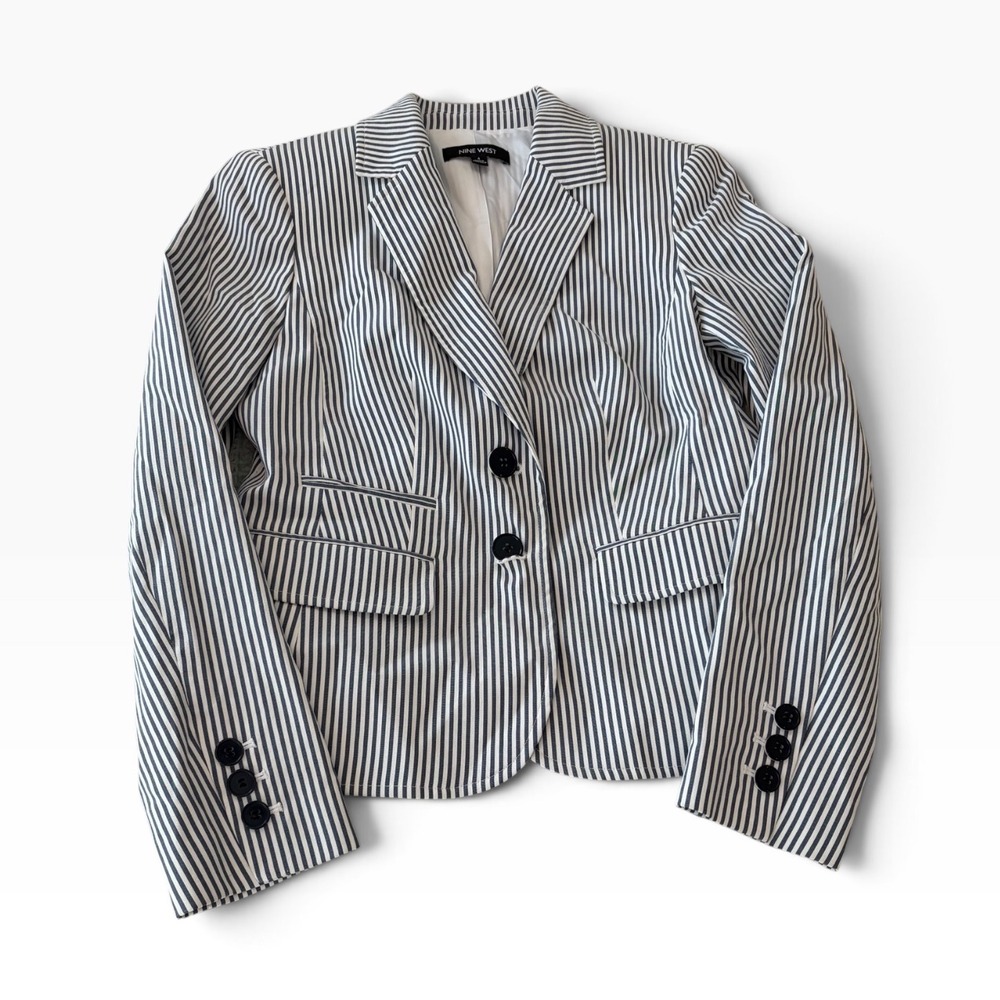 Nine West Womens Navy Blue White Striped Two Button Blazer Size 4